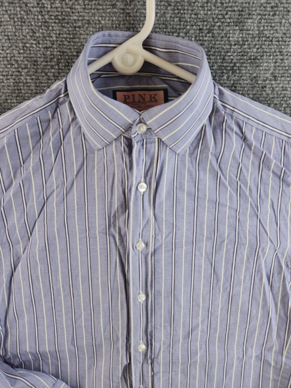 Thomas Pink Men 14 Slim Fit Blue Striped French Cuff Button Up Shirt Long Sleeve